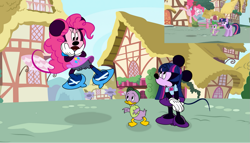 Size: 1181x677 | Tagged: safe, artist:fanvideogames, pinkie pie, spike, twilight sparkle, bird, duck, mouse, rodent, g4, bloomers, clothes, disney, dress, duckified, louie duck, minnie mouse, mousified, screencap reference, shoes, species swap