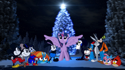 Size: 1194x669 | Tagged: safe, artist:fanvideogames, twilight sparkle, alicorn, pony, g4, bugs bunny, cuphead, cuphead (character), goofy (disney), male, mickey mouse, minnie mouse, oswald the lucky rabbit, scrooge mcduck, stella (winx club), twilight sparkle (alicorn)