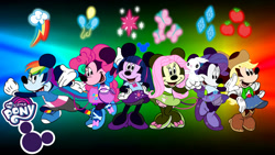 Size: 1191x671 | Tagged: safe, artist:fanvideogames, applejack, fluttershy, pinkie pie, rainbow dash, rarity, twilight sparkle, g4, bloomers, clothes, disney, dress, gradient background, minnie mouse, shoes