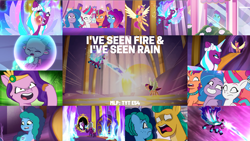 Size: 1972x1110 | Tagged: safe, edit, edited screencap, editor:quoterific, screencap, hitch trailblazer, izzy moonbow, misty brightdawn, opaline arcana, pipp petals, sparky sparkeroni, sunny starscout, zipp storm, alicorn, dragon, earth pony, pegasus, pony, unicorn, g5, i've seen fire and i've seen rain (bows), my little pony: tell your tale, spoiler:g5, spoiler:my little pony: tell your tale, spoiler:tyts01e54, fake cutie mark, female, gradient mane, male, mane five, mane stripe sunny, mare, rebirth misty, stallion