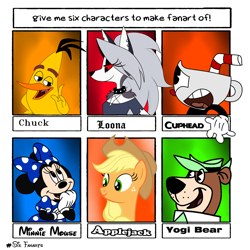 Size: 3000x3000 | Tagged: safe, artist:fanvideogames, applejack, bear, bird, canary, demon, earth pony, hellhound, mouse, pony, anthro, g4, angry birds, anthro with ponies, chuck (angry birds), cuphead, cuphead (character), disney, female, hellaverse, hellborn, helluva boss, high res, loona (helluva boss), male, minnie mouse, pentagram, six fanarts, the angry birds movie, yogi bear