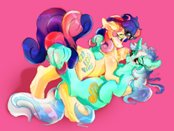 Size: 3200x2400 | Tagged: safe, artist:br0via, bon bon, lyra heartstrings, sweetie drops, earth pony, pony, unicorn, g4, duo, duo female, female, high res, lesbian, pink background, ship:lyrabon, shipping, simple background