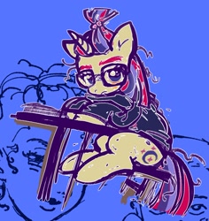 Size: 1222x1297 | Tagged: safe, artist:f1sh1es, moondancer, pony, unicorn, g4, blue background, book, clothes, glasses, looking at you, simple background, sitting, solo, sweater