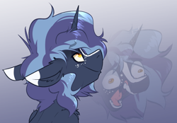 Size: 2490x1731 | Tagged: safe, artist:witchtaunter, oc, oc only, oc:witching hour, pony, unicorn, faic, floppy ears, freckles, gradient background, lidded eyes, male, male oc, screaming, screaming internally, solo, stallion