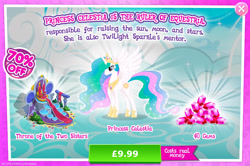 Size: 1957x1297 | Tagged: safe, gameloft, princess celestia, alicorn, pony, g4, my little pony: magic princess, advertisement, bush, costs real money, crown, english, ethereal mane, female, gem, horn, introduction card, jewelry, mare, mobile game, numbers, regalia, sale, solo, spread wings, text, throne, wings