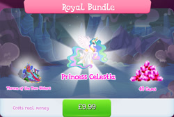 Size: 1271x854 | Tagged: safe, gameloft, princess celestia, alicorn, pony, g4, my little pony: magic princess, bundle, bush, costs real money, crown, english, ethereal mane, female, gem, horn, jewelry, mare, mobile game, numbers, regalia, sale, solo, spread wings, text, throne, wings