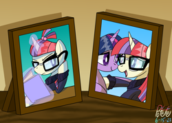 Size: 3500x2500 | Tagged: safe, artist:notadeliciouspotato, moondancer, twilight sparkle, alicorn, pony, unicorn, g4, before and after, book, clothes, duo, female, frown, glasses, high res, magic, mare, open mouth, open smile, picture frame, signature, smiling, sweater, telekinesis, twilight sparkle (alicorn)