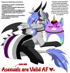 Size: 2903x3000 | Tagged: safe, artist:melodytheartpony, oc, oc only, oc:melody silver, dracony, dragon, hybrid, asexual, asexual pride flag, barbs, bat wings, beauty mark, blushing, choker, collar, definition, eyes closed, facts, fangs, feathered wings, female, happy, heart, high res, horns, looking at you, lying down, piercing, plushie, pride, pride flag, pride month, signature, simple background, smiling, solo, spiked choker, spread wings, squishmallow, white background, wings