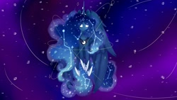 Size: 3840x2160 | Tagged: safe, alternate version, artist:namiiarts, princess luna, alicorn, pony, g4, constellation, constellation hair, ethereal mane, ethereal tail, female, flying, glowing, glowing eyes, high res, jewelry, looking at you, mare, regalia, solo, space, starry mane, starry tail, tail, white eyes