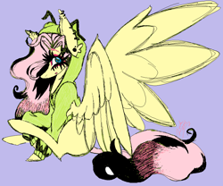 Size: 986x822 | Tagged: safe, artist:namiiarts, fluttershy, pegasus, pony, antonymph, cutiemarks (and the things that bind us), vylet pony, g4, clothes, fluttgirshy, gir, hoodie, invader zim, simple background, sitting, solo, spread wings, wings