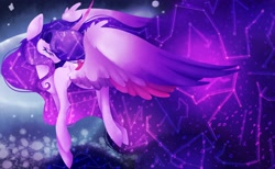 Size: 3500x2160 | Tagged: safe, artist:namiiarts, twilight sparkle, alicorn, pony, g4, constellation, constellation hair, crying, ethereal mane, ethereal tail, eyes closed, high res, solo, spread wings, starry mane, starry tail, tail, twilight sparkle (alicorn), wings