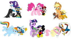Size: 1192x670 | Tagged: safe, artist:fanvideogames, applejack, fluttershy, pinkie pie, rainbow dash, rarity, spike, twilight sparkle, pegasus, pony, g4, daisy duck, disney, donald duck, female, goofy (disney), male, mane six, mare, mickey mouse, minnie mouse, pink mane, pink tail, pluto (disney), simple background, tail, transparent background, wings, yellow coat