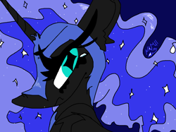 Size: 1288x962 | Tagged: safe, artist:namiiarts, nightmare moon, alicorn, pony, g4, bust, frown, jewelry, regalia, solo
