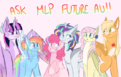 Size: 4358x2772 | Tagged: safe, artist:spoonfulofsuga, applejack, fluttershy, pinkie pie, rainbow dash, rarity, twilight sparkle, alicorn, earth pony, pegasus, pony, unicorn, g4, ask, cheek fluff, chest fluff, mane six, pink background, simple background, twilight sparkle (alicorn)