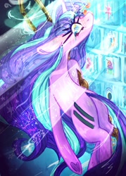 Size: 2500x3500 | Tagged: safe, artist:namiiarts, starlight glimmer, pony, unicorn, g4, crying, cutie mark vault, equal cutie mark, high res, looking at you, looking back, looking back at you, rear view, s5 starlight, solo, staff, staff of sameness