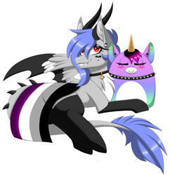Size: 2903x3000 | Tagged: safe, alternate version, artist:melodytheartpony, oc, oc only, oc:melody silver, dracony, dragon, hybrid, asexual, asexual pride flag, barbs, bat wings, beauty mark, blushing, choker, collar, eyes closed, fangs, feathered wings, female, happy, heart, high res, horns, looking at you, lying down, piercing, plushie, pride, pride flag, pride month, signature, simple background, smiling, solo, spiked choker, spread wings, squishmallow, white background, wings
