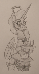 Size: 460x862 | Tagged: safe, artist:jargon scott, oc, oc only, oc:nyx, alicorn, pony, bipedal, clothes, female, fishnet stockings, food, glass, glasses, grayscale, legs together, looking at you, maid, mare, monochrome, older, older nyx, pencil drawing, pie, serving tray, smiling, smiling at you, solo, traditional art