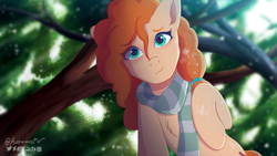Size: 3141x1774 | Tagged: safe, artist:autumnsfur, pear butter, earth pony, pony, g4, the perfect pear, adorasexy, attack on titan, blue eyes, blushing, bright, clothes, crossover, cute, day, female, freckles, interpretation, logo, looking at you, mare, offscreen character, on top, orange hair, orange mane, orange tail, parody, pearabetes, ponified, pov, raised hoof, redraw, scarf, scene interpretation, scene parody, sexy, signature, smiling, smiling at you, solo, striped scarf, tail, tree, turquoise eyes, under the tree, wholesome
