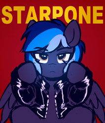 Size: 2300x2696 | Tagged: safe, artist:stablegrass, oc, oc:kepler, pegasus, pony, album cover, clothes, high res, jacket, leather, leather jacket, looking at camera, looking at you, male, redraw, sitting, stallion, text, the weeknd