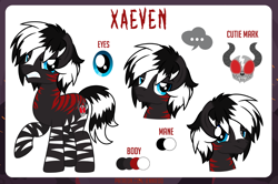 Size: 1100x732 | Tagged: safe, artist:jennieoo, oc, oc:xaeven, pony, zebra, angry, commission, cutie mark, poker face, reference, reference sheet, show accurate, simple background, solo, vector, zebra oc