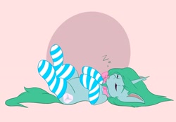Size: 2048x1423 | Tagged: safe, artist:mscolorsplash, oc, oc only, pony, unicorn, clothes, commission, eyebrows, eyebrows visible through hair, female, lying down, mare, on back, onomatopoeia, pink background, simple background, sleeping, socks, solo, sound effects, striped socks, zzz
