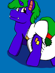 Size: 512x680 | Tagged: safe, artist:cavewolfphil, oc, bat pony, pony, unicorn, abdl, blue background, diaper, diaper butt, diaper fetish, fetish, impossibly large diaper, male, non-baby in diaper, rear view, simple background, tail