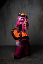 Size: 800x1200 | Tagged: safe, artist:essorille, pinkie pie, earth pony, anthro, unguligrade anthro, g4, arm warmers, clothes, dress, fursuit, hat, irl, photo, ponysuit, solo