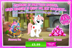 Size: 1961x1298 | Tagged: safe, gameloft, nurse redheart, earth pony, pony, g4, my little pony: magic princess, advertisement, bush, costs real money, english, female, fireworks, gem, hat, introduction card, mare, mobile game, numbers, sale, solo, stage, text