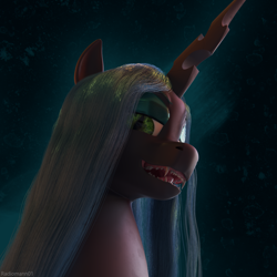 Size: 2048x2048 | Tagged: safe, artist:radiomann01, queen chrysalis, changeling, changeling queen, g4, 3d, bust, fangs, female, high res, horn, looking at you, mane, missing accessory, open mouth, portrait, render, sharp teeth, simple background, smiling, solo, teeth