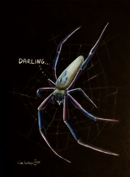Size: 1681x2283 | Tagged: safe, artist:cahandariella, rarity, spider, g4, barely pony related, black background, colored pencil drawing, darling, newbie artist training grounds, rarirachnid, realistic, simple background, solo, species swap, thought bubble, traditional art, transformation, venom