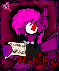 Size: 1226x1478 | Tagged: safe, artist:xxv4mp_g4z3rxx, oc, oc:violet valium, bat pony, pony, bat pony oc, collar, emo, eyeliner, hospital band, makeup, nonbinary, red eyes, scar, smiling, solo, spacehey, spiked collar