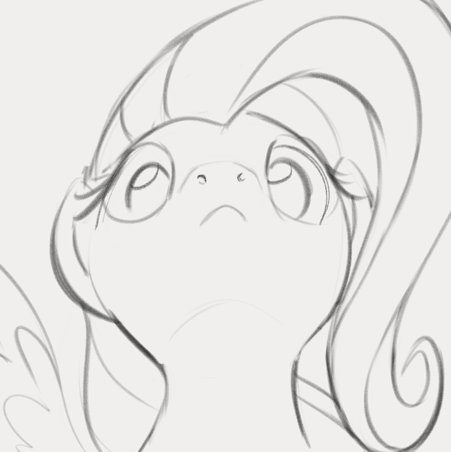 [artist:dotkwa,female,fluttershy,grayscale,looking at you,looking down,mare,monochrome,pegasus,pony,safe,simple background,solo,low angle,gray background,looking down at you]