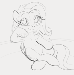 Size: 920x931 | Tagged: safe, artist:dotkwa, fluttershy, pegasus, pony, g4, crossed legs, female, gray background, grayscale, hoof on chin, looking at you, mare, monochrome, simple background, sitting, sketch, smiling, smiling at you, solo