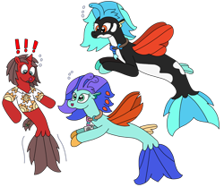 Size: 2696x2252 | Tagged: safe, artist:supahdonarudo, oc, oc only, oc:icebeak, oc:ironyoshi, oc:sea lilly, seapony (g4), atg 2023, bubble, camera, clothes, exclamation point, high res, jewelry, necklace, newbie artist training grounds, seaponified, shirt, simple background, species swap, surprised, transparent background