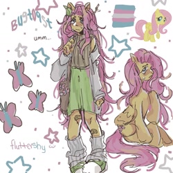 Size: 1440x1440 | Tagged: safe, artist:circusofbugs, fluttershy, human, pegasus, pony, g4, clothes, converse, eared humanization, humanized, pride, pride flag, self paradox, self ponidox, shoes, simple background, skirt, socks, solo, stars, sweat, sweatdrop, trans fluttershy, transgender, transgender pride flag, white background