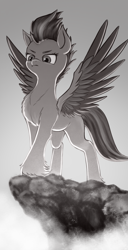 Size: 1020x2000 | Tagged: safe, artist:zetamad, zipp storm, pegasus, pony, g5, atg 2023, colored wings, eyebrows, female, fluffy, frown, gradient background, grayscale, mare, monochrome, multicolored wings, newbie artist training grounds, solo, spread wings, wings