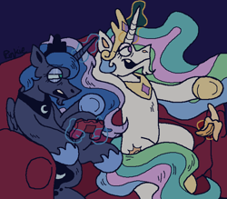 Size: 660x577 | Tagged: safe, artist:uppypups, princess celestia, princess luna, alicorn, pony, gamer luna, two best sisters play, g4, banana, bananalestia, belly, blue background, confused, controller, couch, crown, dark blue background, duo, ethereal mane, ethereal tail, explaining, facial hair, female, folded wings, food, gaming, goatee, hand, hoof shoes, horn, jewelry, lidded eyes, looking at something, magic, mare, meme, missing wing, ms paint, multicolored hair, multicolored tail, no pupils, open mouth, peytral, pixel art, pointing, raised hoof, regalia, siblings, signature, simple background, sisters, sitting, tail, talking, teeth, telekinesis, tired, wings