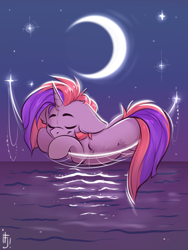 Size: 1200x1600 | Tagged: safe, artist:falafeljake, oc, oc only, oc:lucid dream, pony, unicorn, commission, crescent moon, cute, eyebrows, eyes closed, hammock, horn, moon, ocbetes, signature, sleeping, solo, stars, unicorn oc