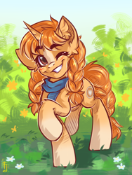 Size: 1200x1600 | Tagged: safe, artist:falafeljake, oc, oc only, oc:morning latte, pony, unicorn, 2023, braid, bushy brows, clothes, commission, cute, ear fluff, eyebrows, eyebrows visible through hair, flower, grass, horn, looking at you, ocbetes, one eye closed, raised hoof, scarf, smiling, smiling at you, solo, thick eyebrows, unicorn oc, wink, winking at you