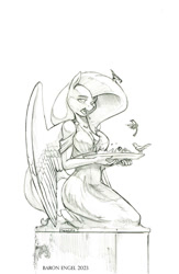 Size: 900x1381 | Tagged: safe, artist:baron engel, fluttershy, bird, pegasus, anthro, unguligrade anthro, g4, bird bath, breasts, female, mare, monochrome, pencil drawing, simple background, statue, traditional art, white background