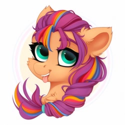 Size: 1500x1500 | Tagged: safe, artist:vird-gi, sunny starscout, earth pony, pony, g5, bust, cheek fluff, chest fluff, cute, ear fluff, eyebrows, female, looking at you, mane stripe sunny, mare, open mouth, open smile, simple background, smiling, solo, tongue out, white background