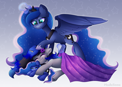 Size: 4600x3300 | Tagged: safe, artist:madelinne, princess luna, oc, pony, unicorn, g4, blanket, canon x oc, duo, high res, plushie, sleeping, spread wings, wings