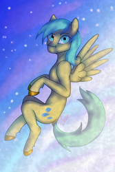 Size: 2000x3000 | Tagged: safe, artist:drawingkitty24, sunshower raindrops, pegasus, pony, g4, background pony, big eyes, cloud, detailed background, detailed hair, feathered wings, female, flying, high res, hooves, mare, shading, shiny hooves, solo, spread wings, stars, wings