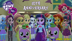 Size: 1920x1080 | Tagged: safe, artist:lancescout, applejack, fluttershy, pinkie pie, rainbow dash, rarity, sci-twi, spike, spike the regular dog, starlight glimmer, sunset shimmer, trixie, twilight sparkle, dog, human, equestria girls 10th anniversary, equestria girls, g4, 3d, clothes, female, gmod, humane five, humane seven, humane six, male, my little pony logo, purple skirt, sci-twi skirt, skirt, spike the dog, twolight