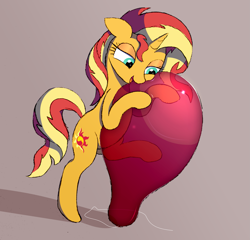 Size: 2155x2065 | Tagged: safe, artist:mizhisha, sunset shimmer, pony, unicorn, equestria girls 10th anniversary, g4, anniversary art, balloon, bipedal, cuddling, female, gray background, high res, hoof hold, hug, lidded eyes, mare, open mouth, raised leg, simple background, smiling, solo, string, that pony sure does love balloons