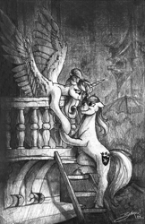 Size: 1593x2456 | Tagged: safe, artist:zubirus, princess cadance, shining armor, alicorn, pony, unicorn, g4, balcony, black and white, cute, cutedance, female, grayscale, happy, holding hooves, ladder, looking at each other, looking at someone, love, male, mare, monochrome, newbie artist training grounds, night, romance, romantic, shining adorable, ship:shiningcadance, shipping, smiling, stallion, straight, teen princess cadance, teenage shining armor, traditional art