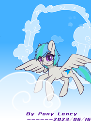 Size: 1600x2133 | Tagged: safe, artist:lancy, oc, oc only, oc:lancy, pegasus, pony, cloud, colored pupils, eye clipping through hair, flying, multicolored hair, multicolored tail, signature, sky, spread wings, tail, wings