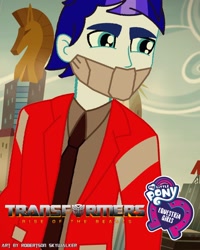 Size: 1080x1350 | Tagged: safe, artist:robertsonskywa1, human, equestria girls 10th anniversary, equestria girls, g4, autobot, clothes, crossover, equestria girls-ified, face mask, male, manehattan, mask, optimus prime, photo, poster, solo, transformers, transformers rise of the beasts