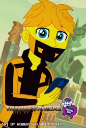 Size: 1382x2048 | Tagged: safe, artist:robertsonskywa1, human, equestria girls 10th anniversary, equestria girls, g4, autobot, bumblebee (transformers), cellphone, clothes, crossover, equestria girls-ified, gas mask, male, manehattan, mask, phone, photo, poster, solo, transformers, transformers rise of the beasts