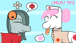 Size: 1246x712 | Tagged: safe, marble pie, nurse redheart, earth pony, pony, g4, /mlp/ tf2 general, heart, hurt/comfort, life bar, medic, medic (tf2), scout (tf2), simple background, team fortress 2